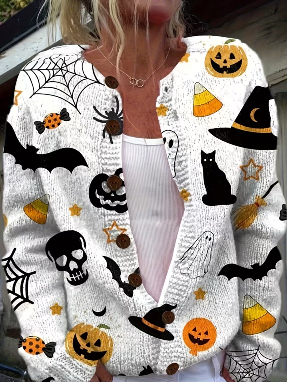 Halloween Cardigan Ghost Pumpkin Bat Witchy Cozy Fall Sweater Cute